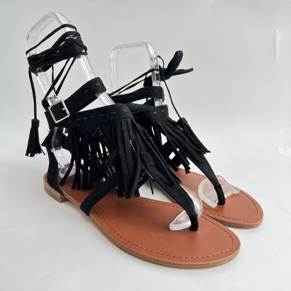 New Forever 21 Fringe Thong Sandals Up Leg Ties Black 6.5 - Picture 13 of 13